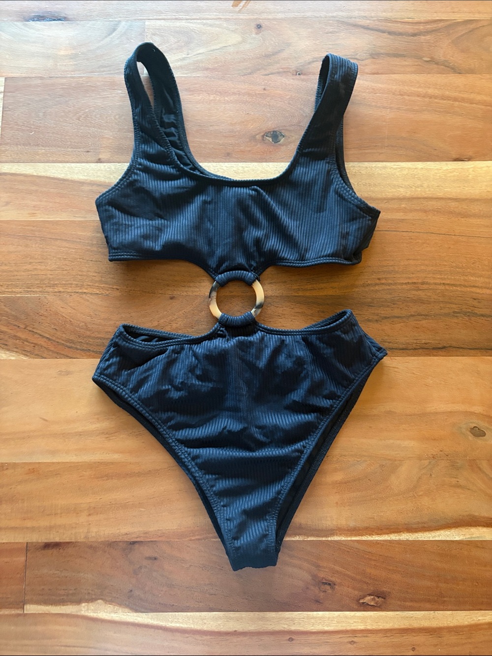 Montce Black Ribbed Cutout One-Piece Swimsuit with Ring Detail Size Large